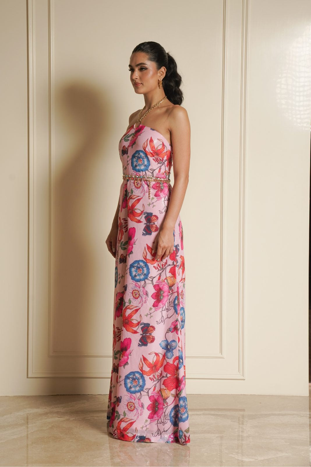 Pink Printed Sequence Jumpsuit with Metal Belt – Petal Pizza
