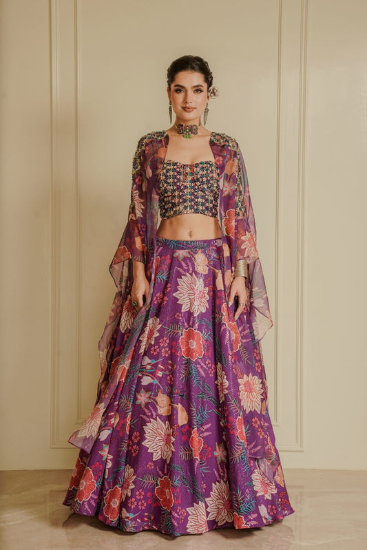 Purple Blouse with Printed Lehenga and Printed Cape – Fairy Flower