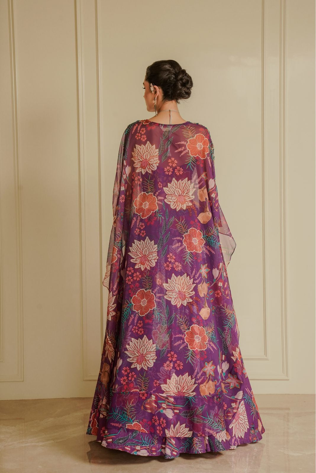 Purple Blouse with Printed Lehenga and Printed Cape – Fairy Flower