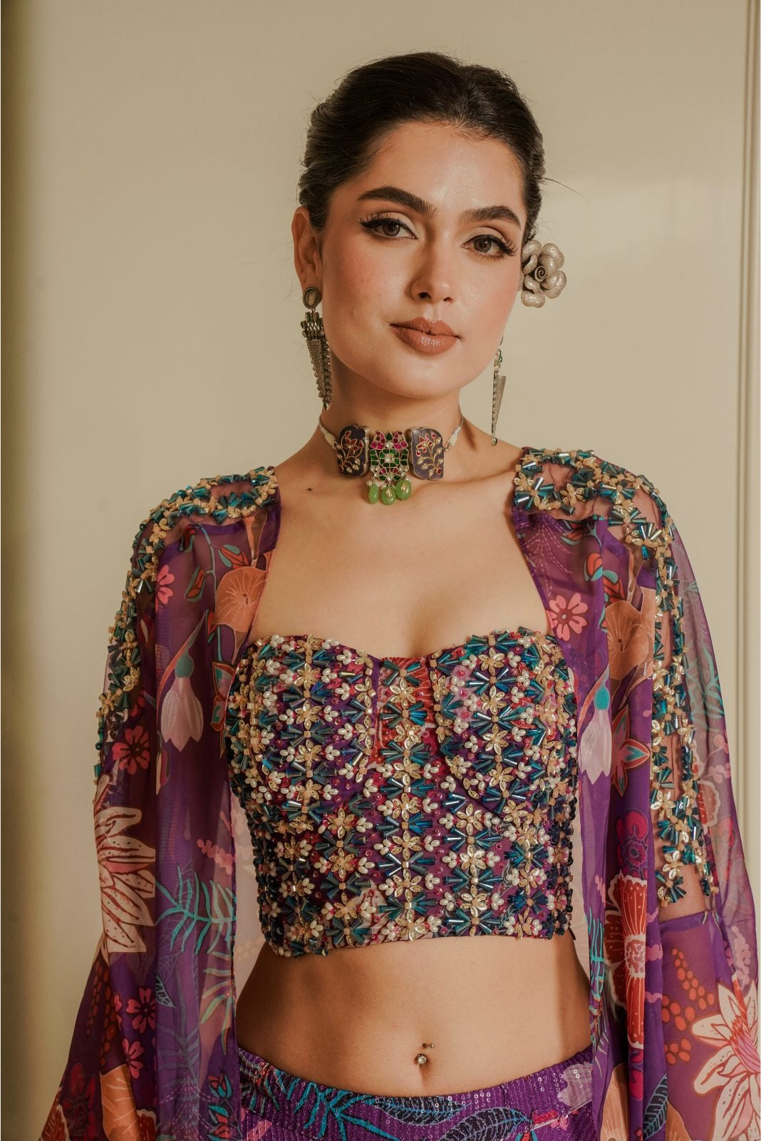 Purple Blouse with Printed Lehenga and Printed Cape – Fairy Flower