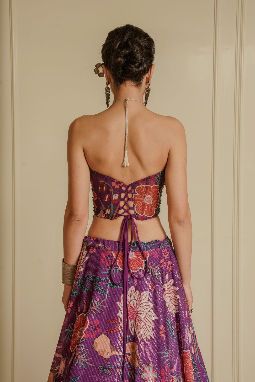 Purple Blouse with Printed Lehenga and Printed Cape – Fairy Flower