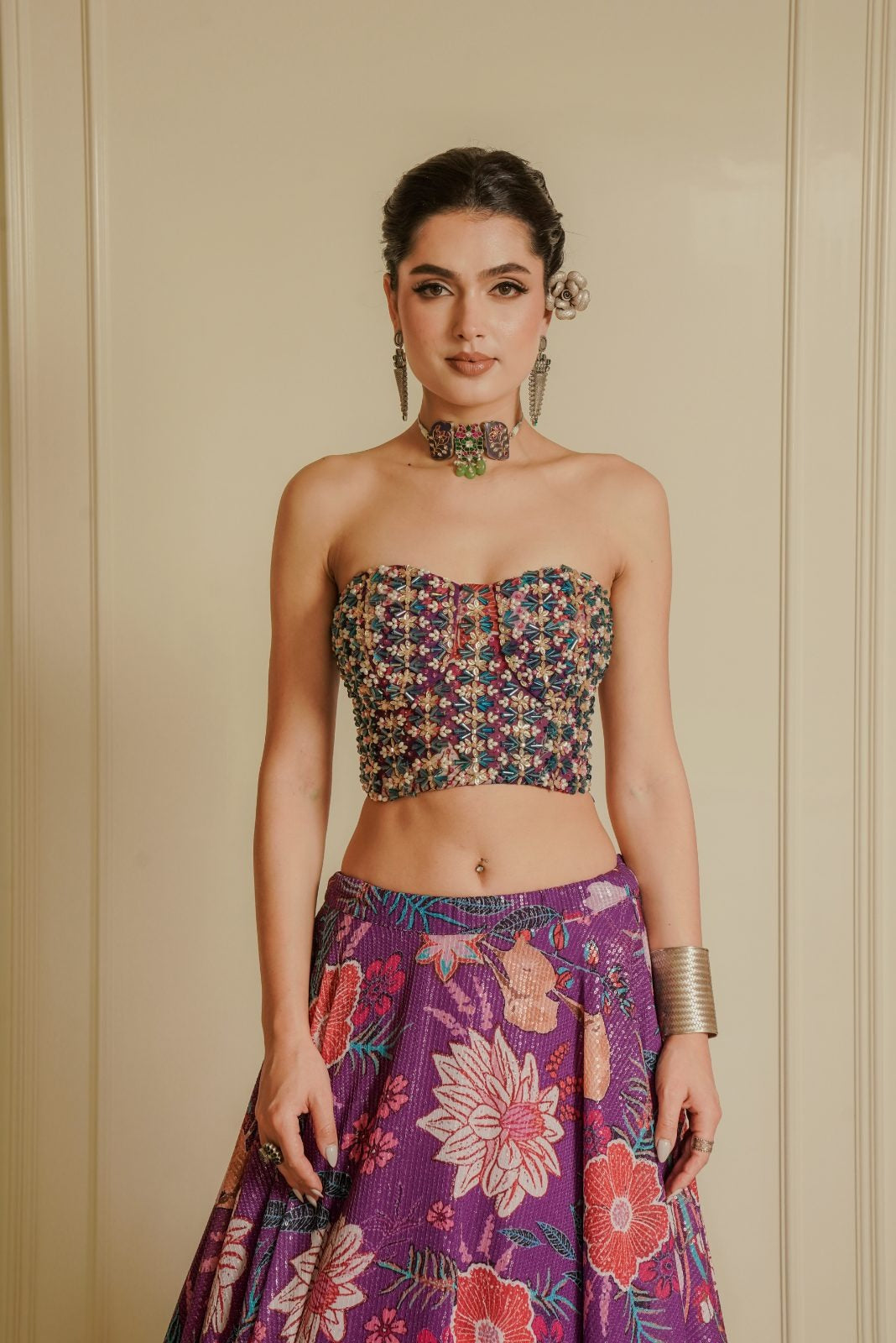 Purple Blouse with Printed Lehenga and Printed Cape – Fairy Flower