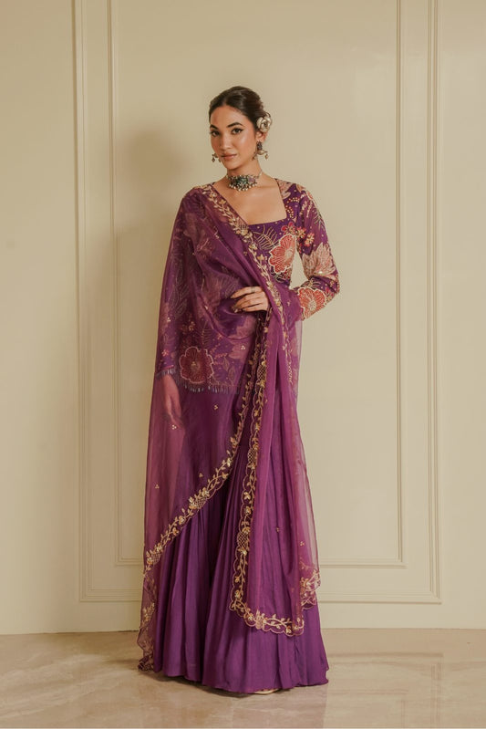 Purple Printed Top with Sharara and Embroidered Dupatta – Violet Velvet