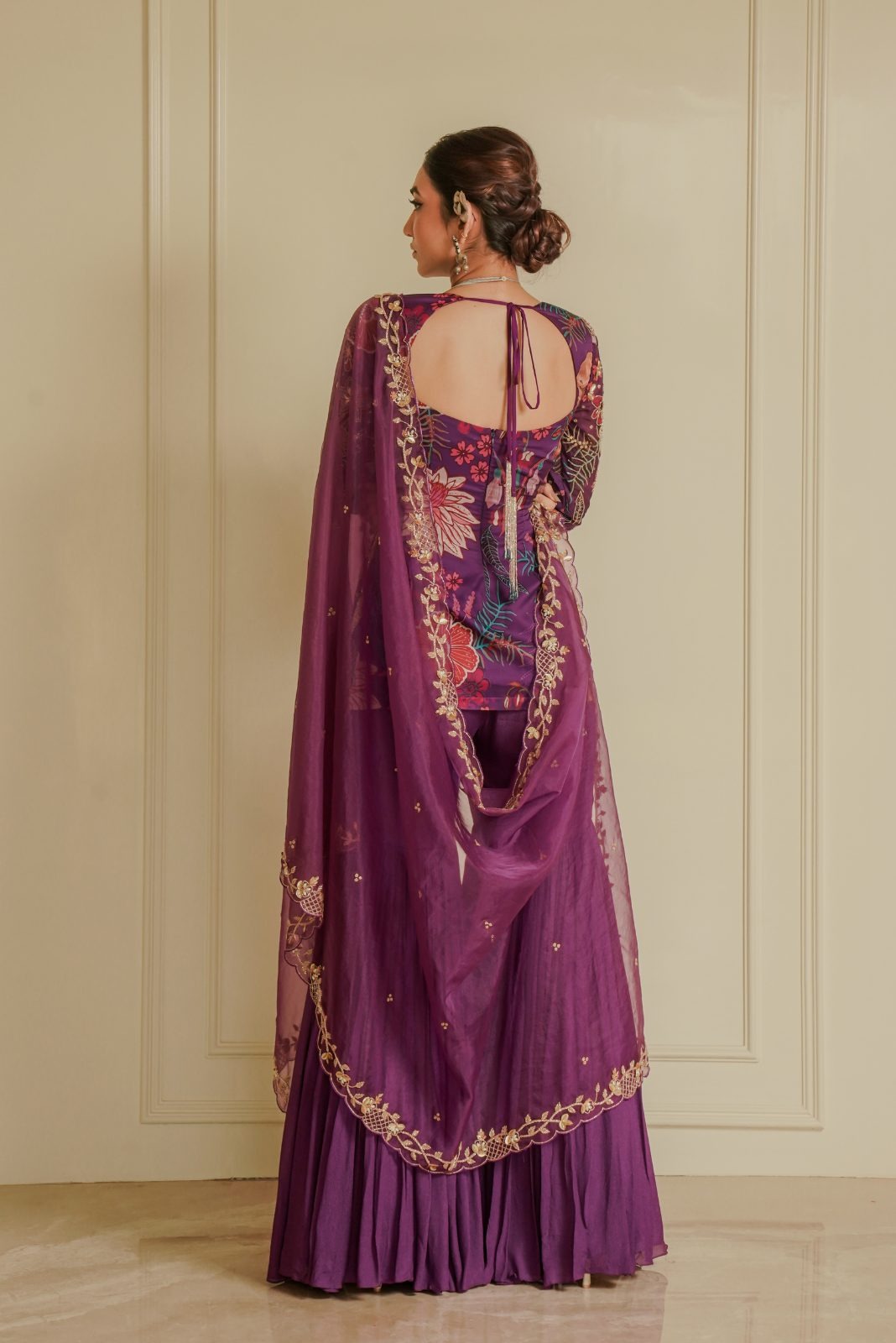 Purple Printed Top with Sharara and Embroidered Dupatta – Violet Velvet