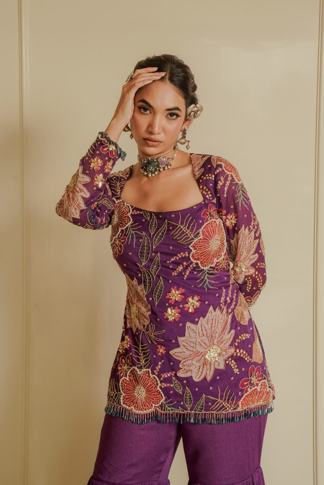 Purple Printed Top with Sharara and Embroidered Dupatta – Violet Velvet
