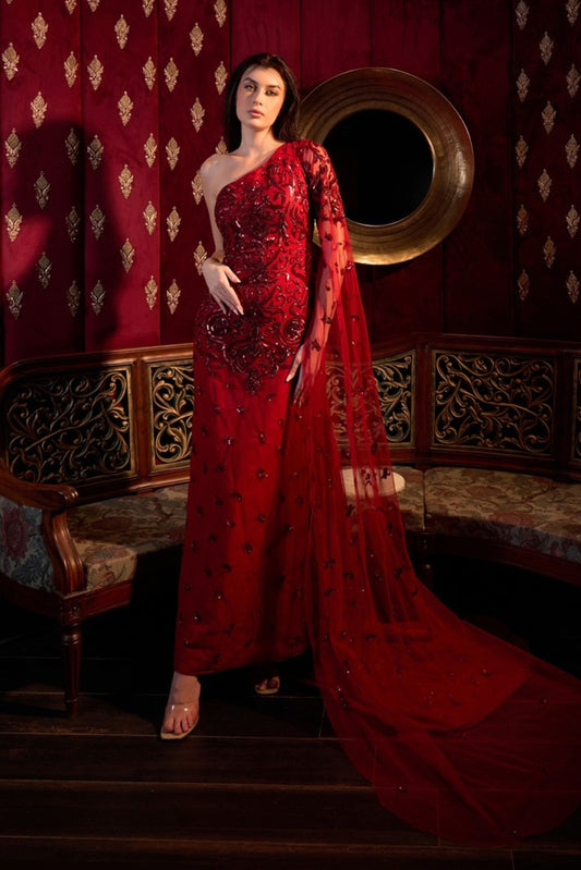 Red Fish Cut Gown With Trail Sleeve