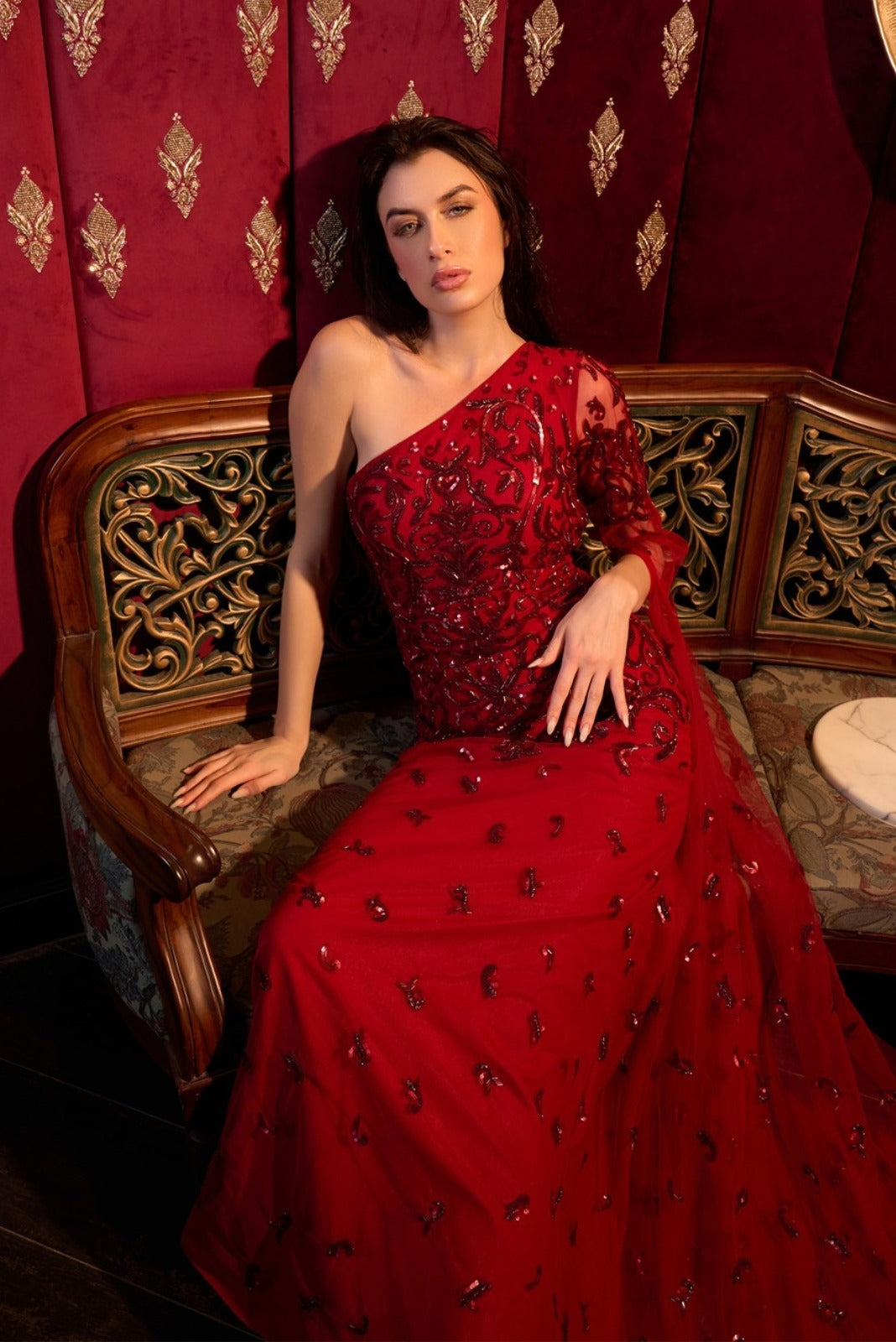 Red Fish Cut Gown With Trail Sleeve