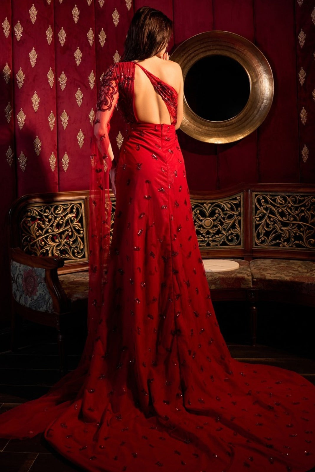 Red Fish Cut Gown With Trail Sleeve