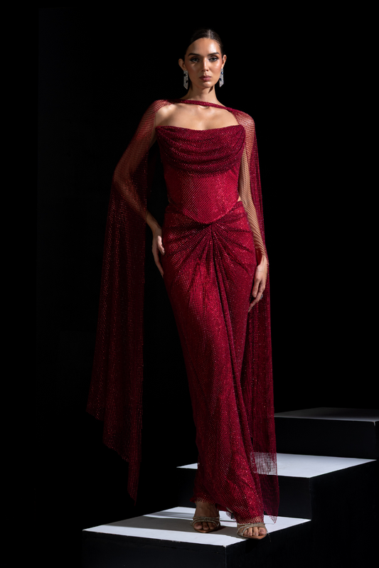 Red Drape Tube Corset with Skirt & Choker - Sangria