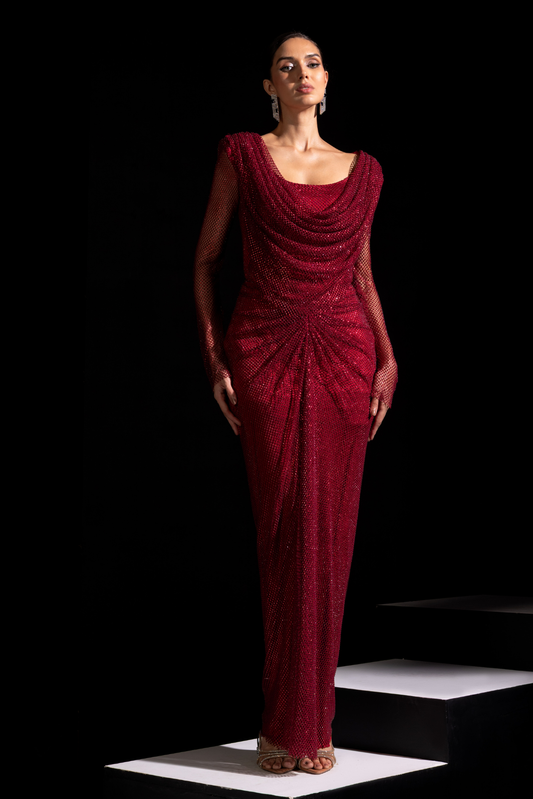 Red Full Sleeve Swarovski Drape Gown - Garnet