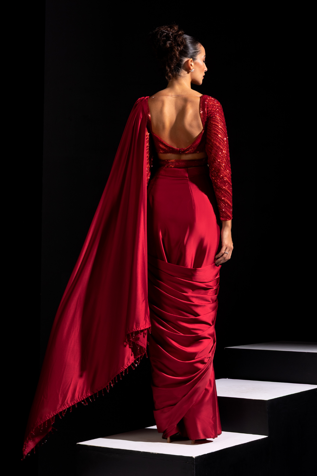 Red Full Sleeves Embroidered Blouse with Ready to Wear Saree - Blaze