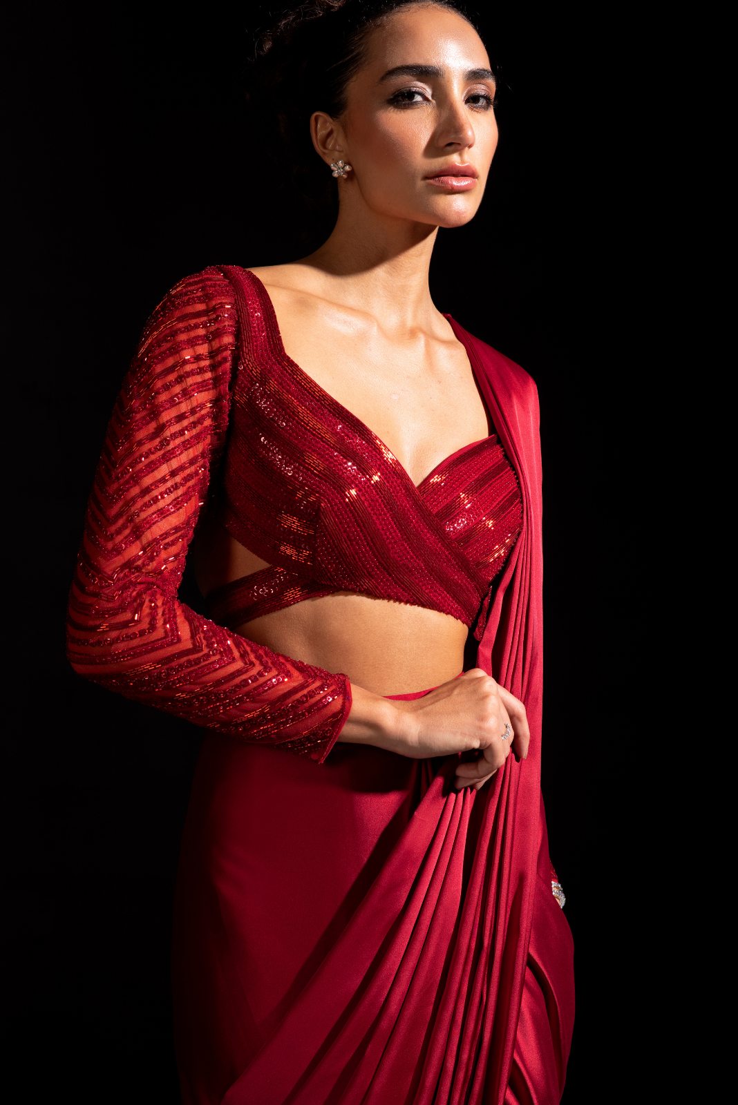 Red Full Sleeves Embroidered Blouse with Ready to Wear Saree - Blaze