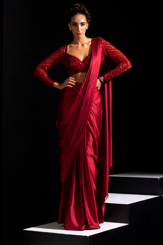 Red Full Sleeves Embroidered Blouse with Ready to Wear Saree - Blaze