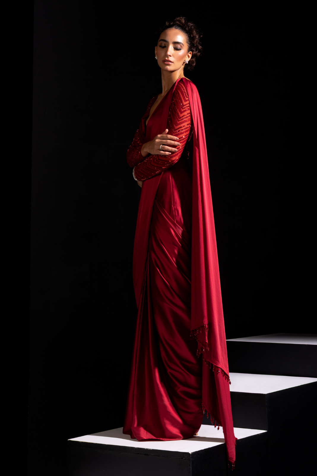 Red Full Sleeves Embroidered Blouse with Ready to Wear Saree - Blaze