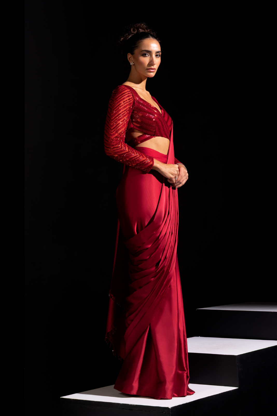 Red Full Sleeves Embroidered Blouse with Ready to Wear Saree - Blaze