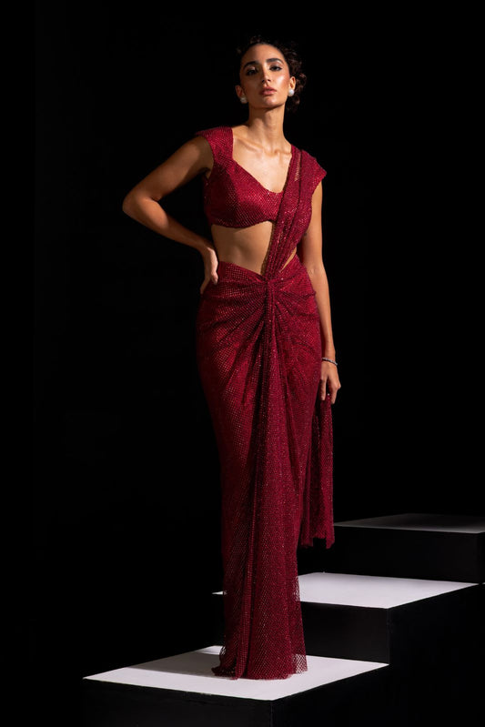 Red Pre-draped Saree - Marsala