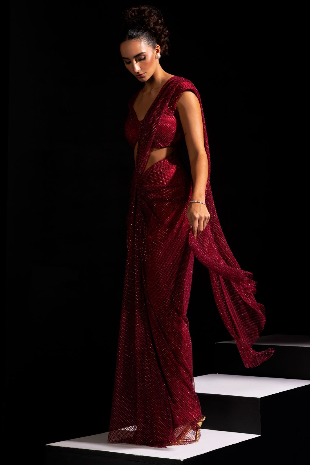 Red Pre-draped Saree - Marsala