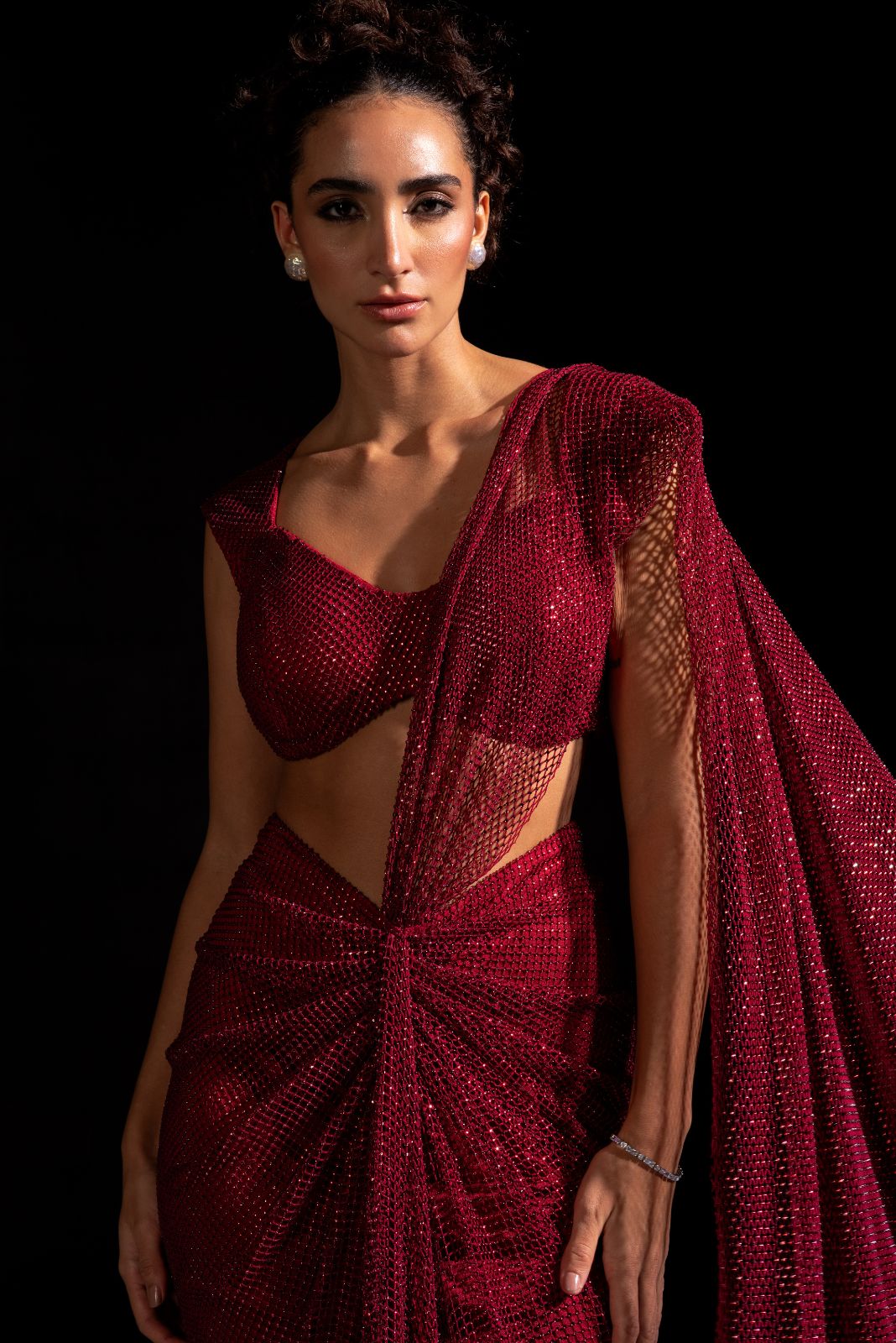 Red Pre-draped Saree - Marsala