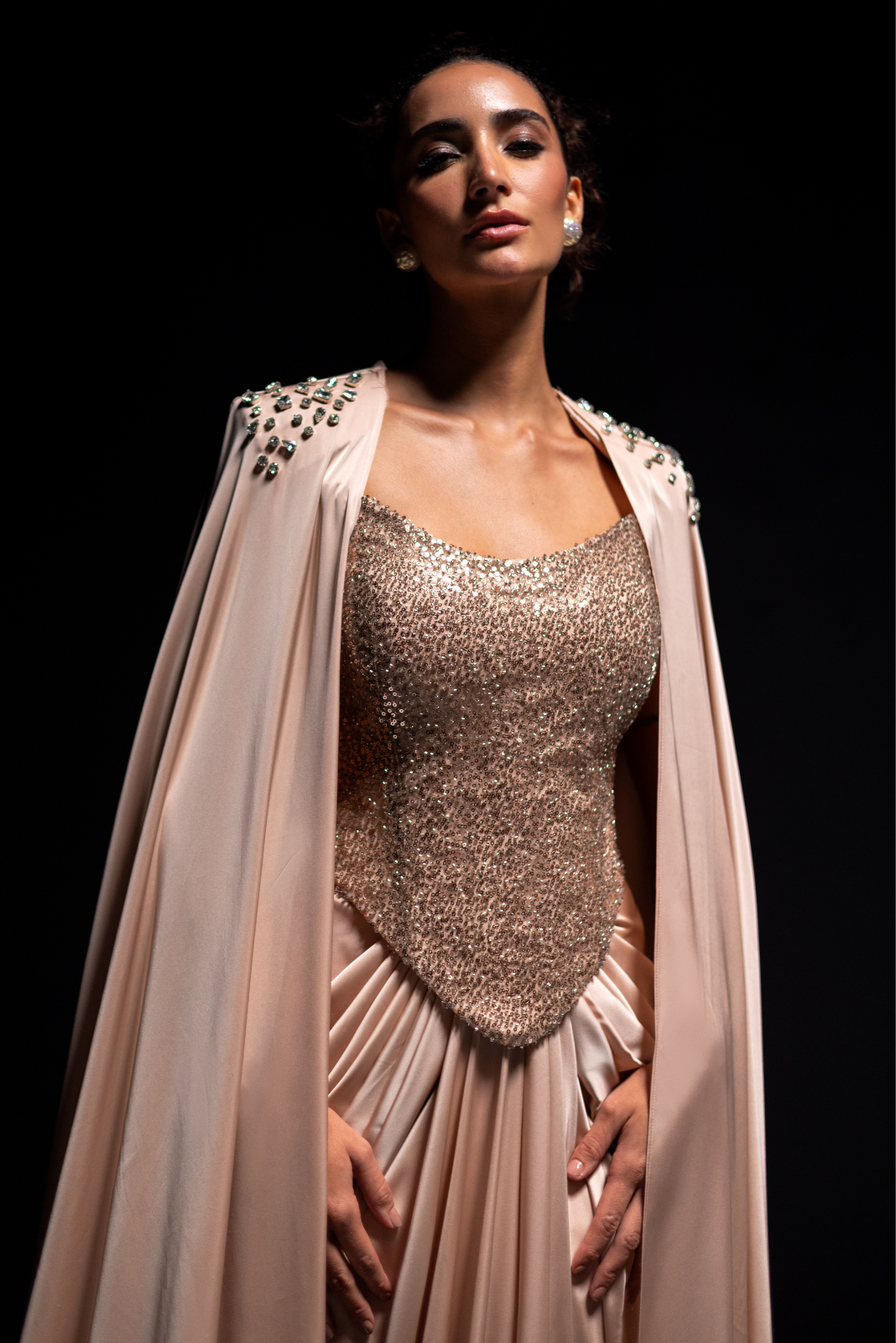 Rose Gold Embellished Corset with Drape and Cape - Chrome