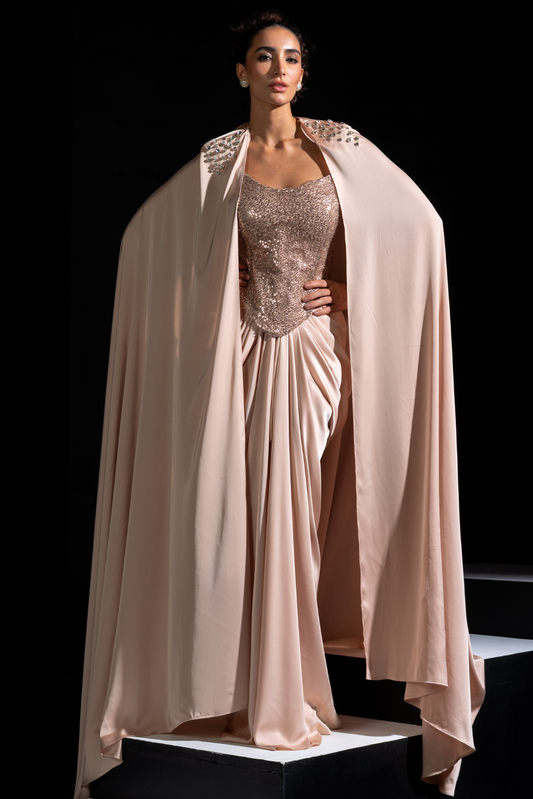Rose Gold Embellished Corset with Drape and Cape - Chrome