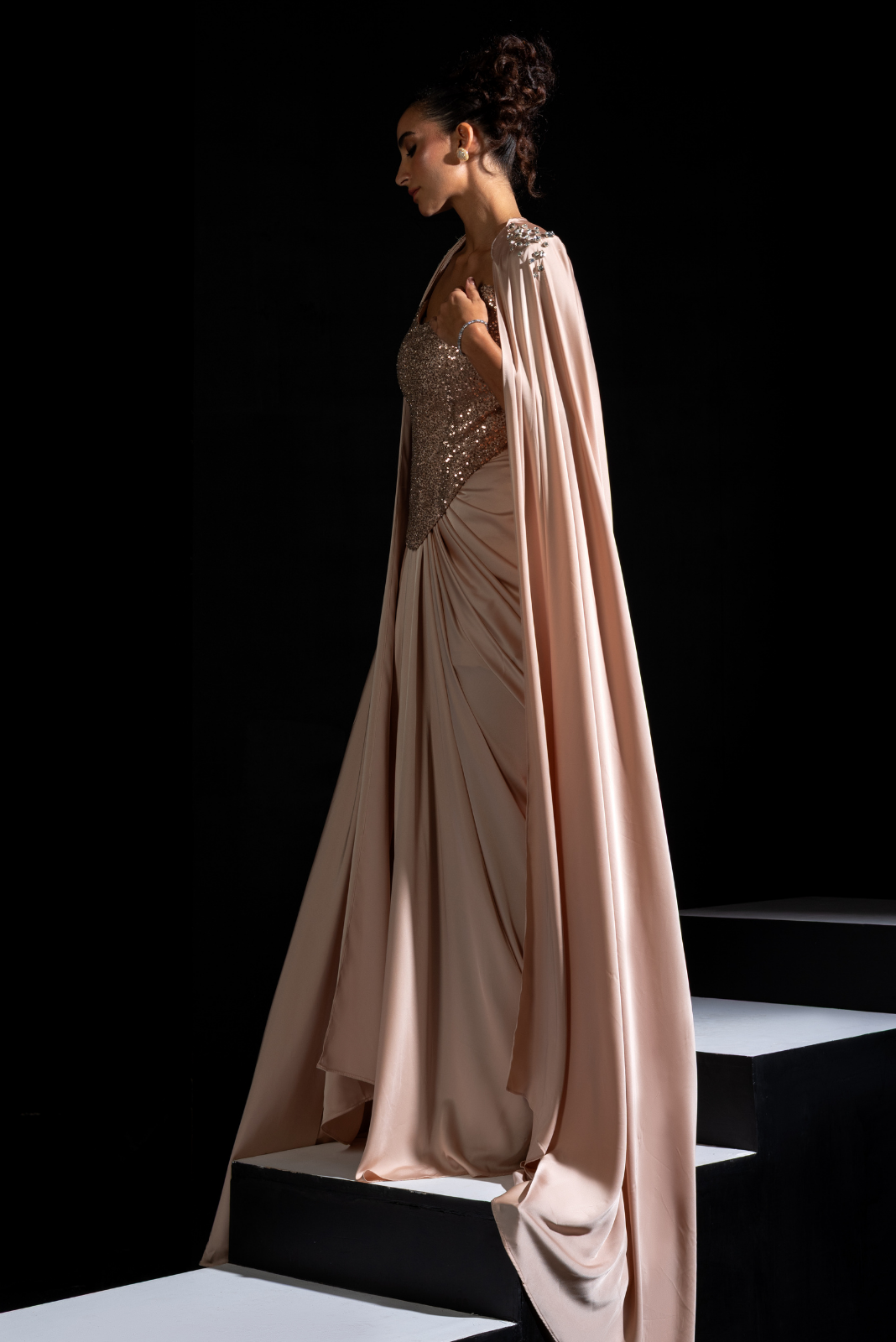 Rose Gold Embellished Corset with Drape and Cape - Chrome