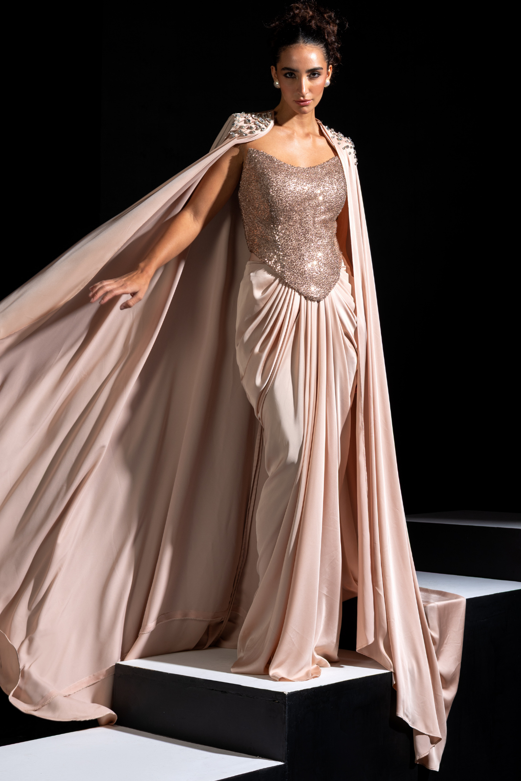 Rose Gold Embellished Corset with Drape and Cape - Chrome
