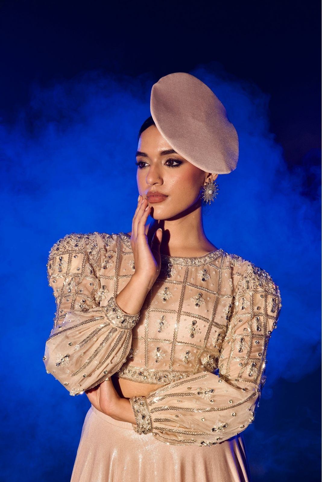 Rose Gold Power Shoulder Full Sleeve Blouse Set