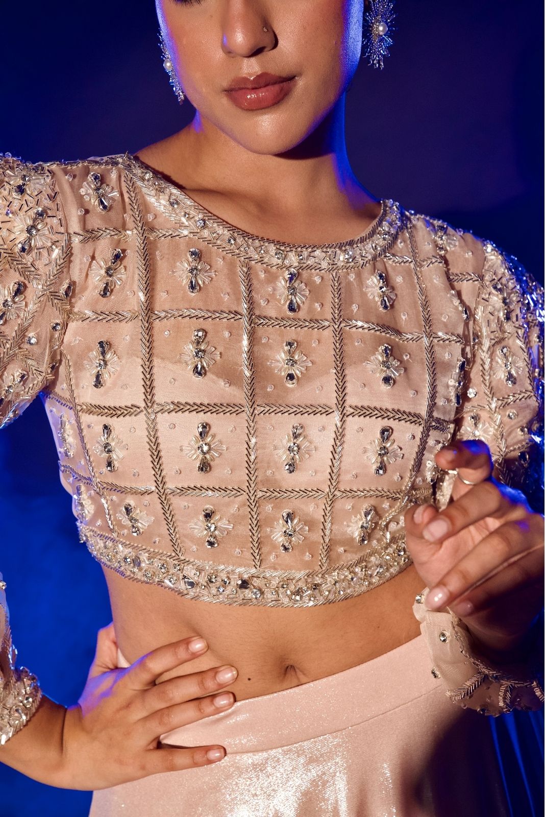 Rose Gold Power Shoulder Full Sleeve Blouse Set