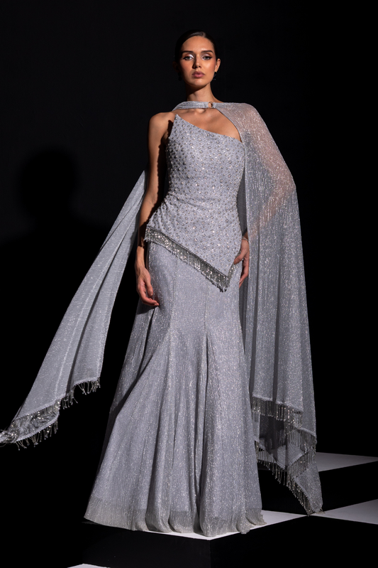 Silver Asymmetrical Corset & Metallic Skirt with Ring Choker - Frost