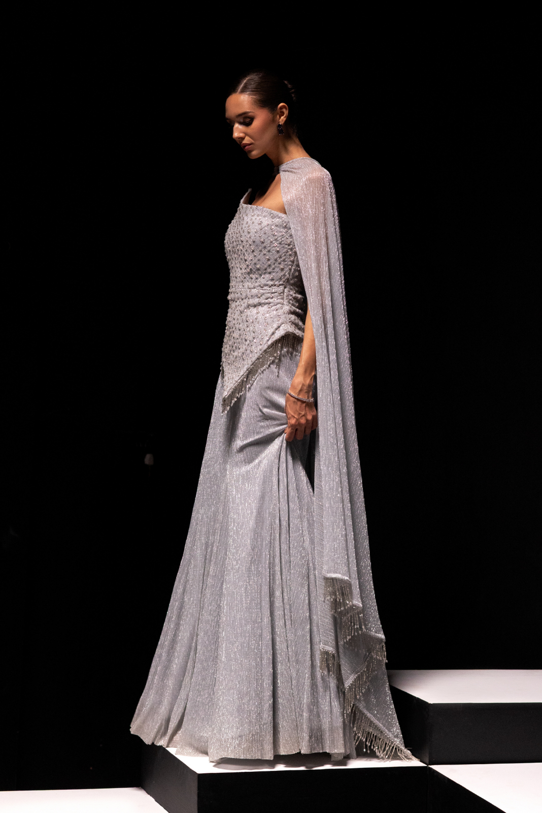 Silver Asymmetrical Corset & Metallic Skirt with Ring Choker - Frost