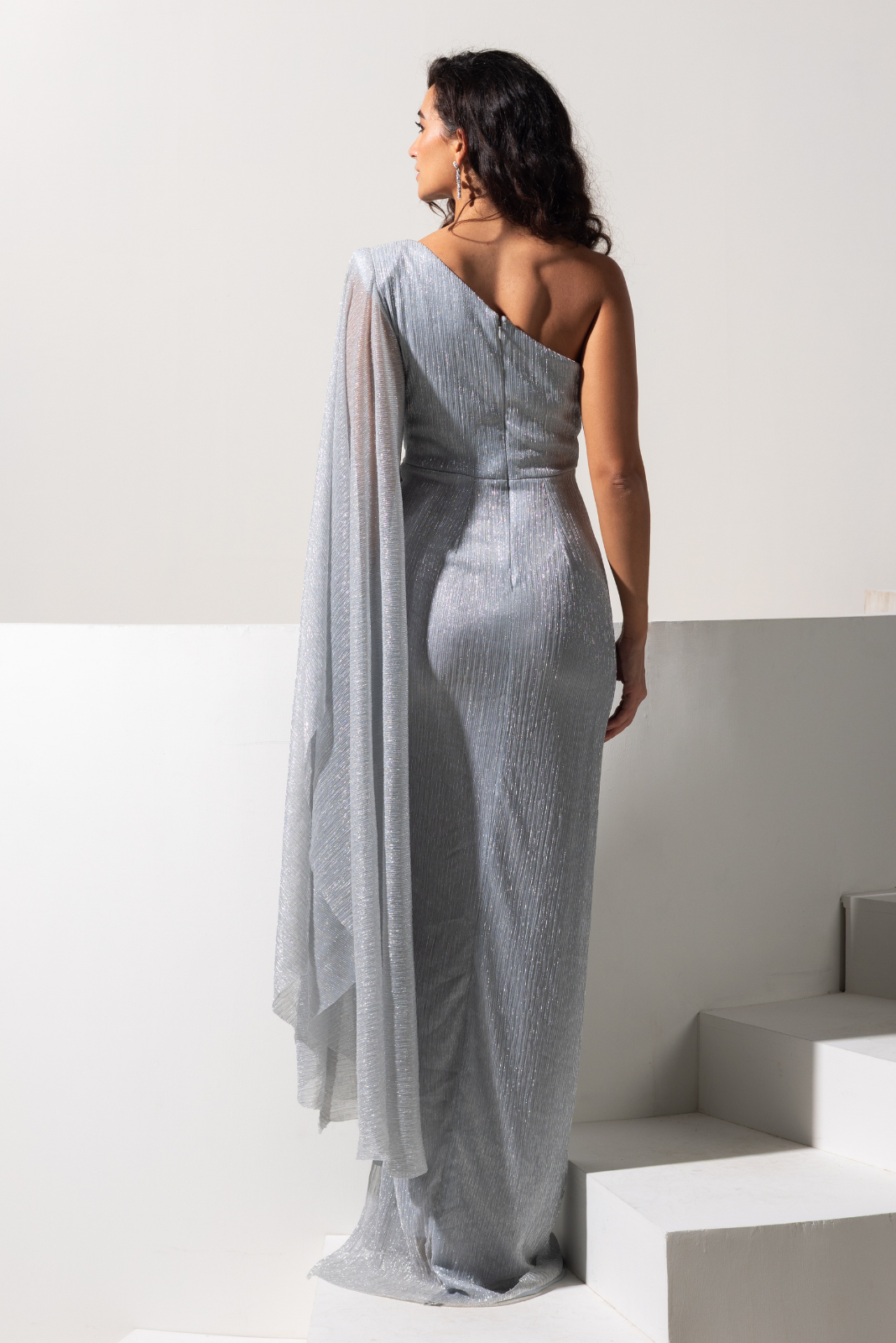 Silver One Shoulder Overlapping Gown with Slit - Lunara