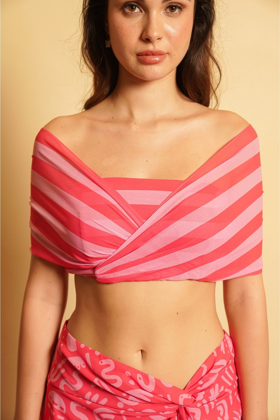 Pink Crop Top with Long Slit Skirt