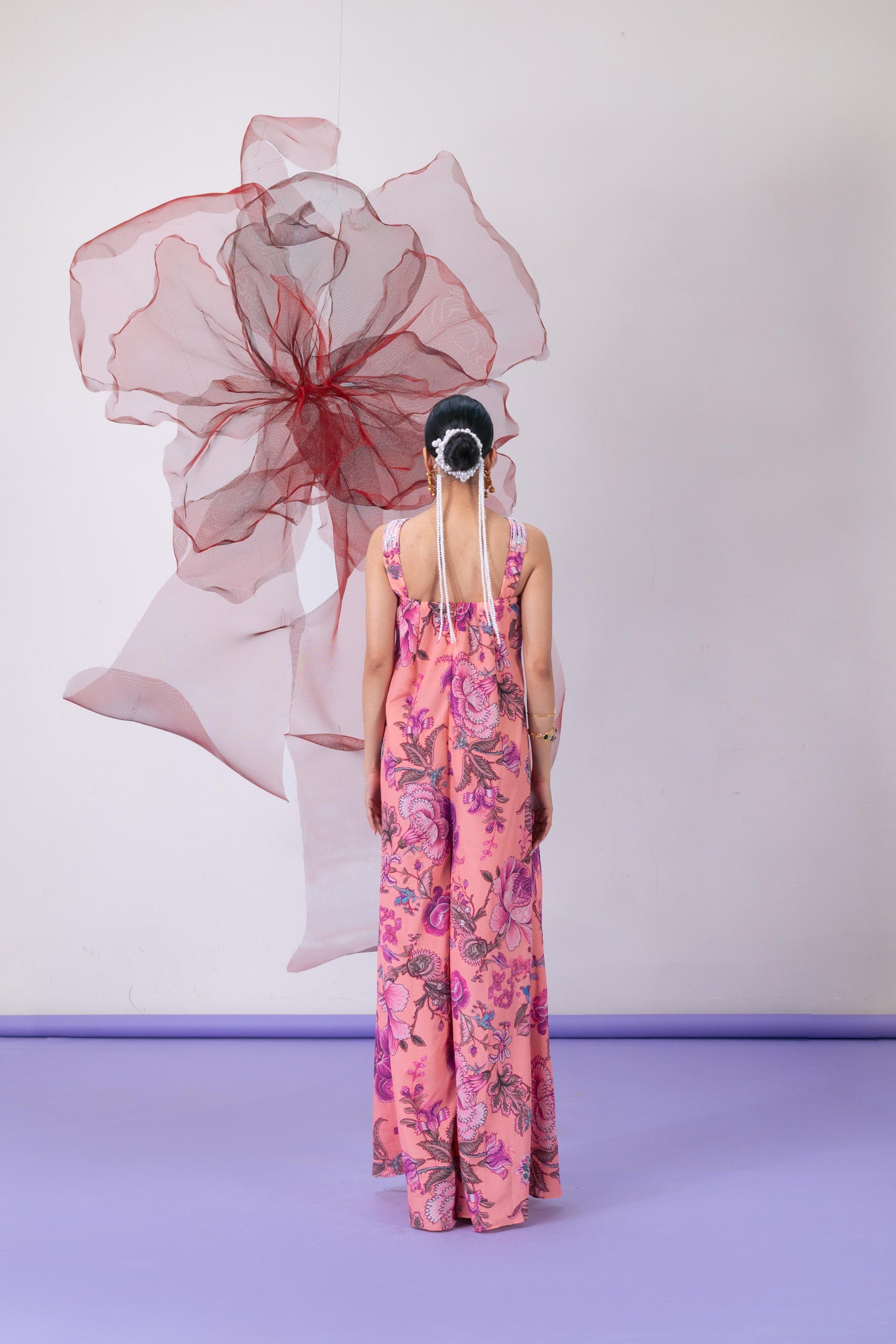 Pink Printed Halter Neck Jumpsuit with Embellished Collar - Chhalia
