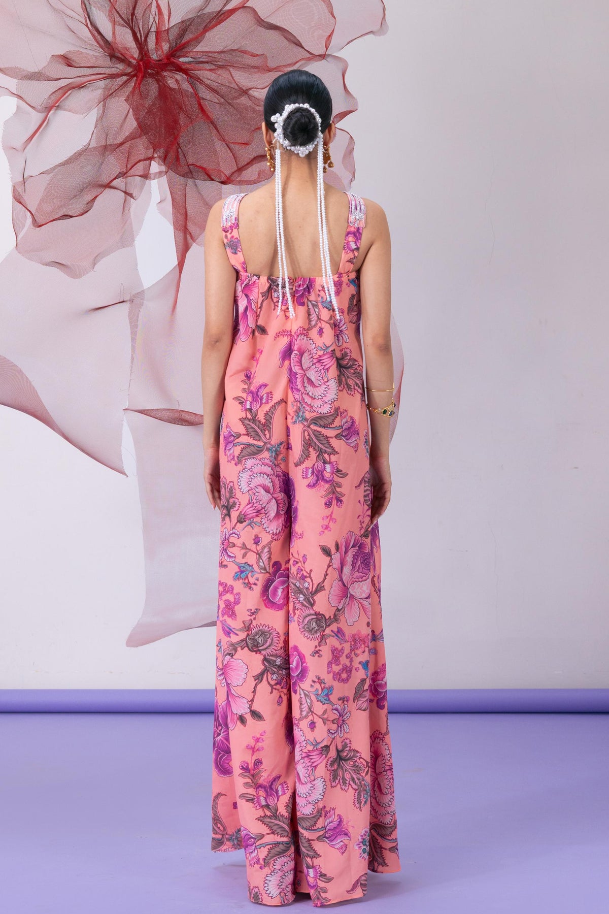 Pink Printed Halter Neck Jumpsuit with Embellished Collar - Chhalia