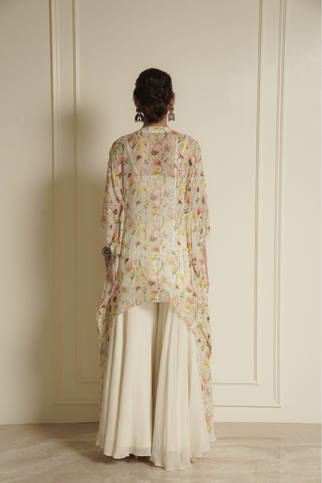 White Chiffon Printed Kaftan with Palazzo – Petal Perfection