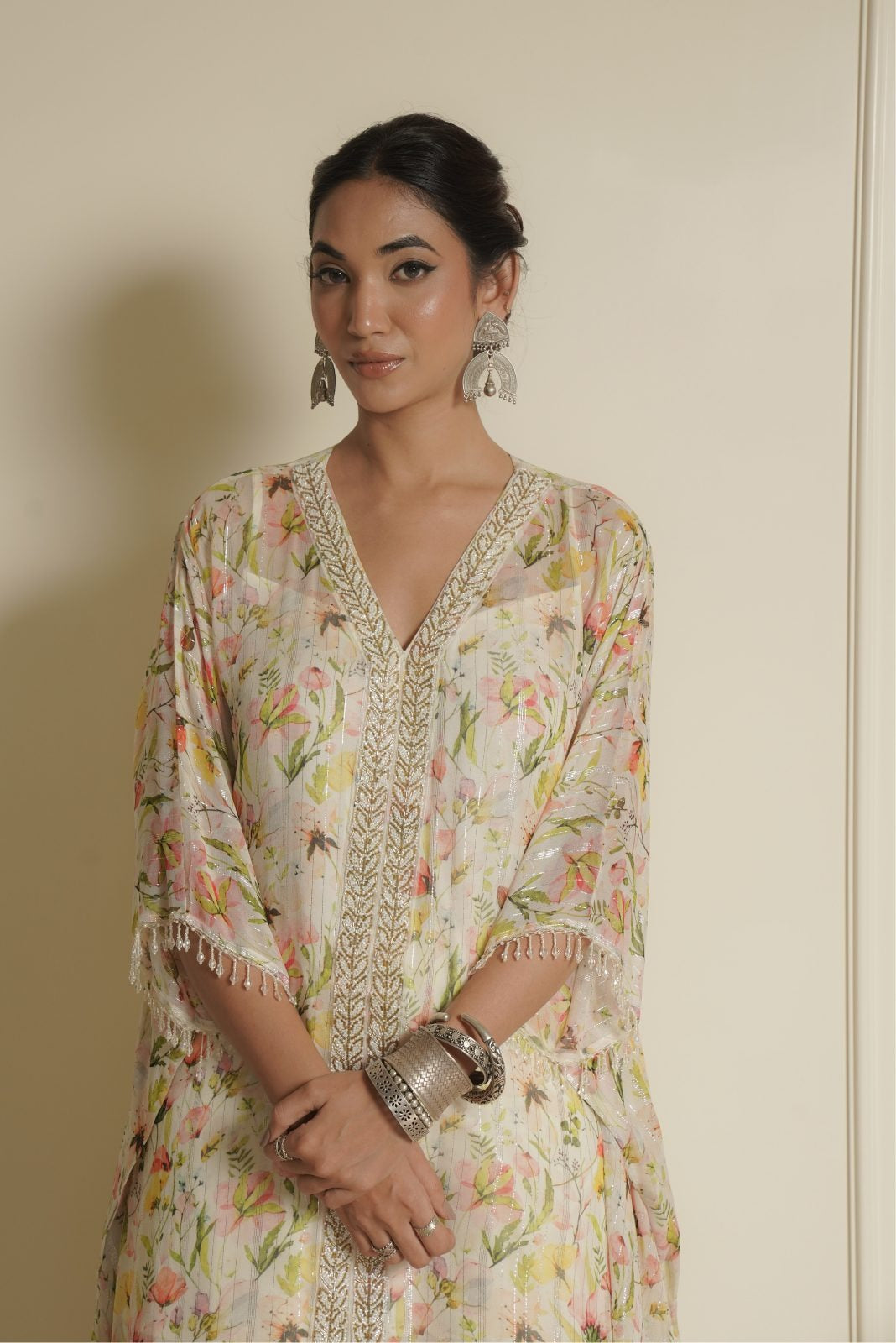 White Chiffon Printed Kaftan with Palazzo – Petal Perfection