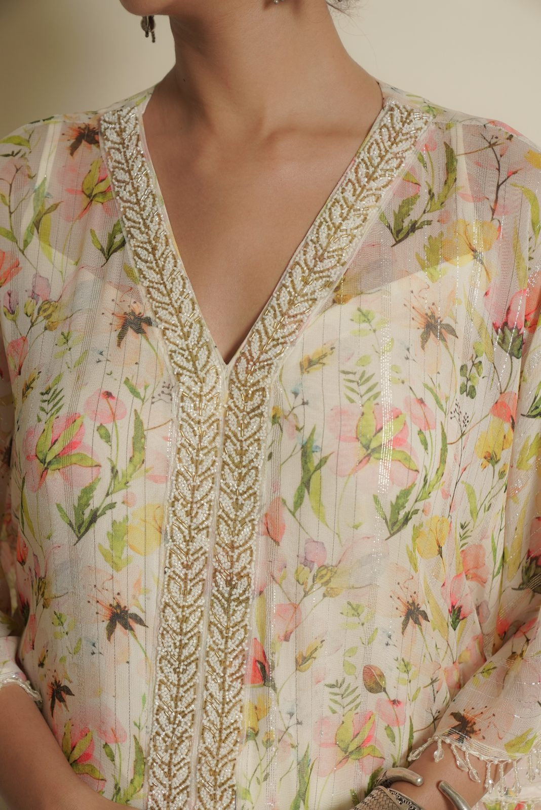 White Chiffon Printed Kaftan with Palazzo – Petal Perfection