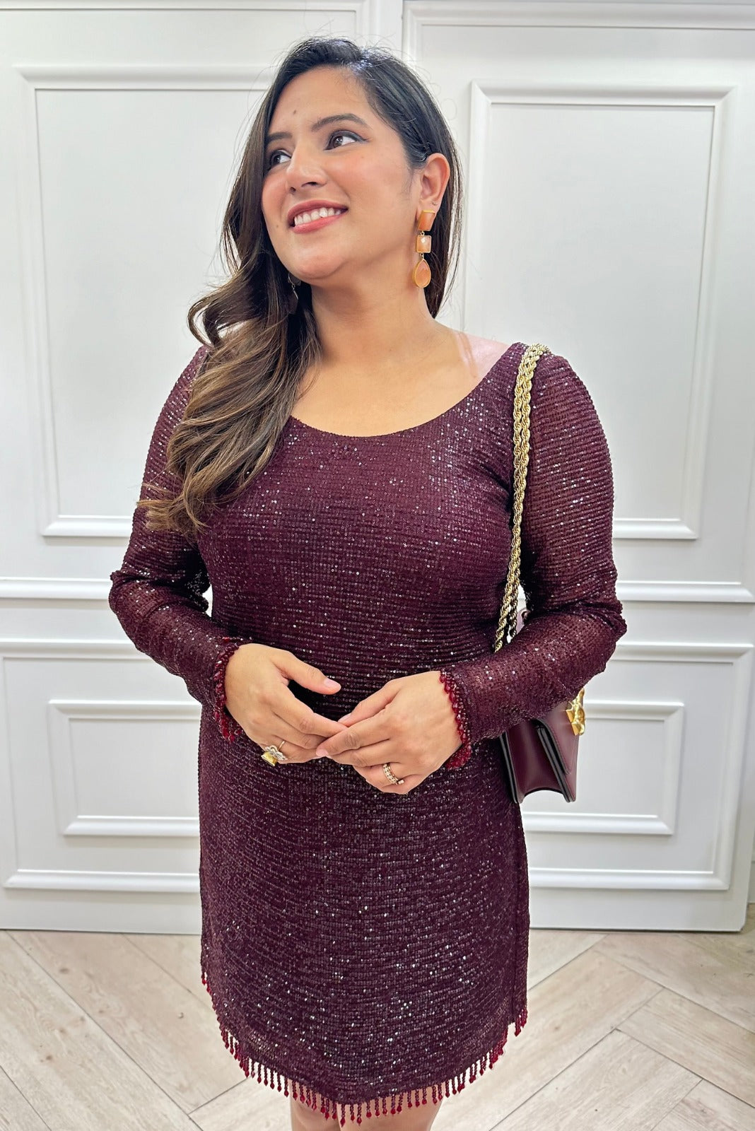 Wine Sequin Dress With Tassel Detail