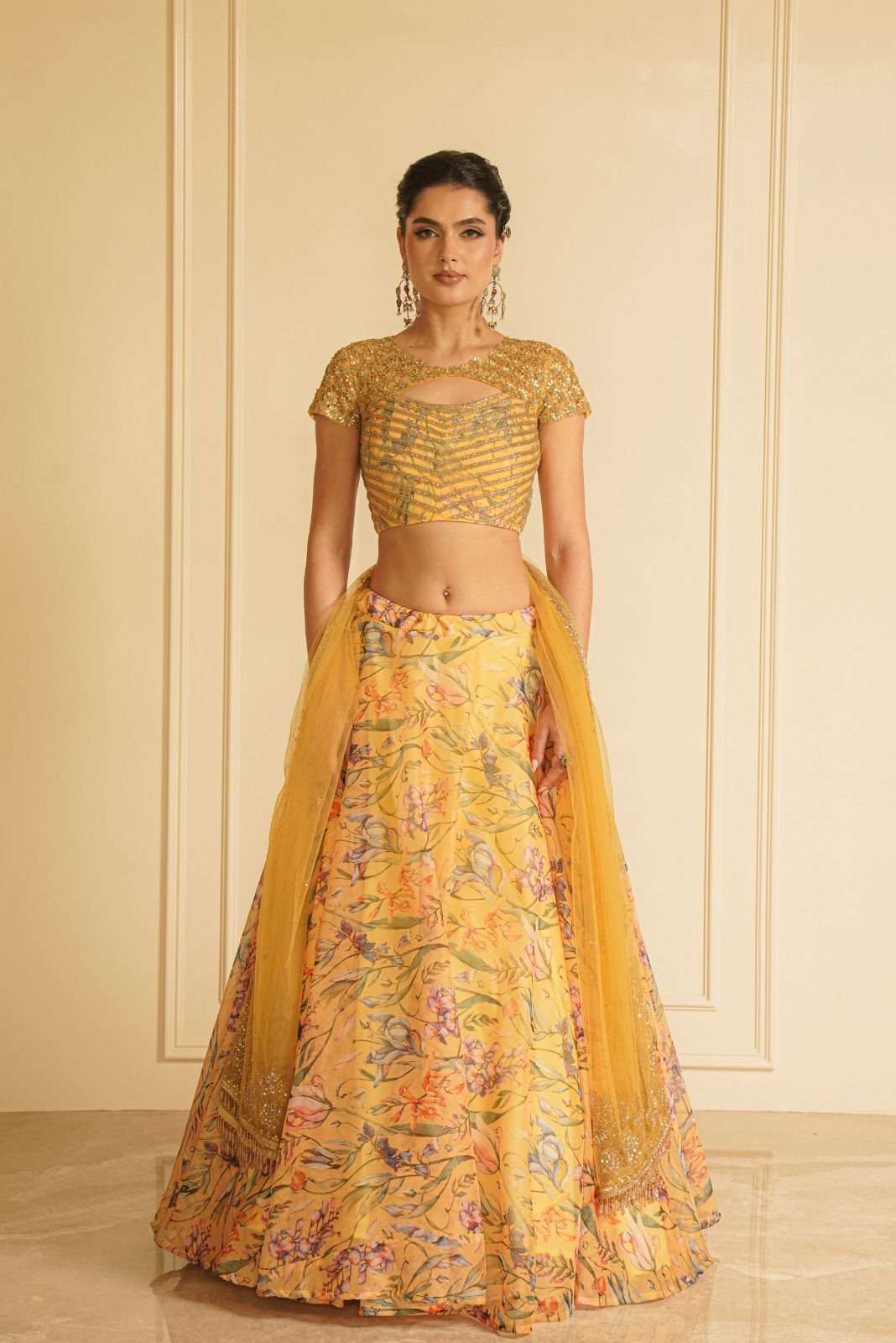 Yellow Embroidered Blouse with Printed Lehenga and Dupatta – Marigold Magic