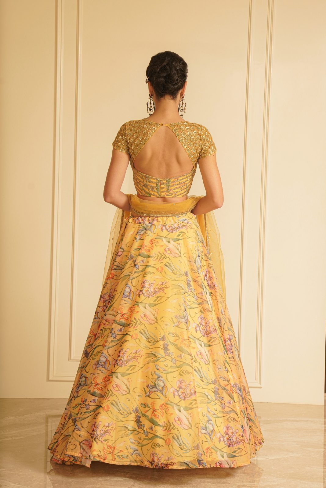 Yellow Embroidered Blouse with Printed Lehenga and Dupatta – Marigold Magic