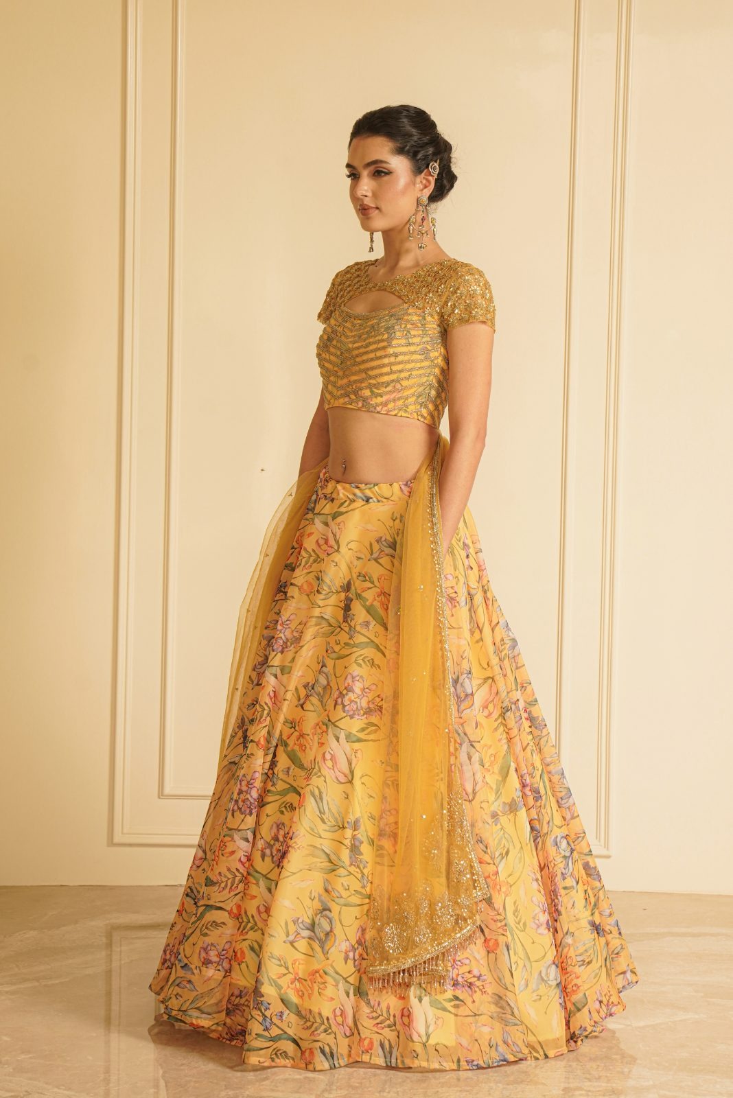 Yellow Embroidered Blouse with Printed Lehenga and Dupatta – Marigold Magic