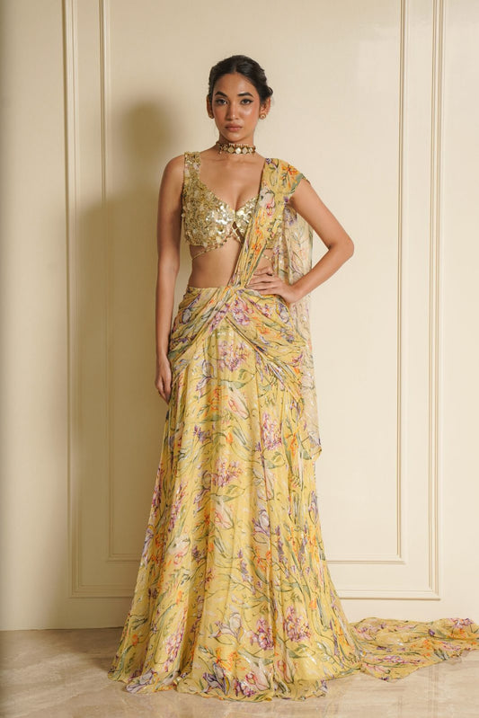 Yellow Handwork Blouse with Printed Ready to wear Saree – Daisy Dream