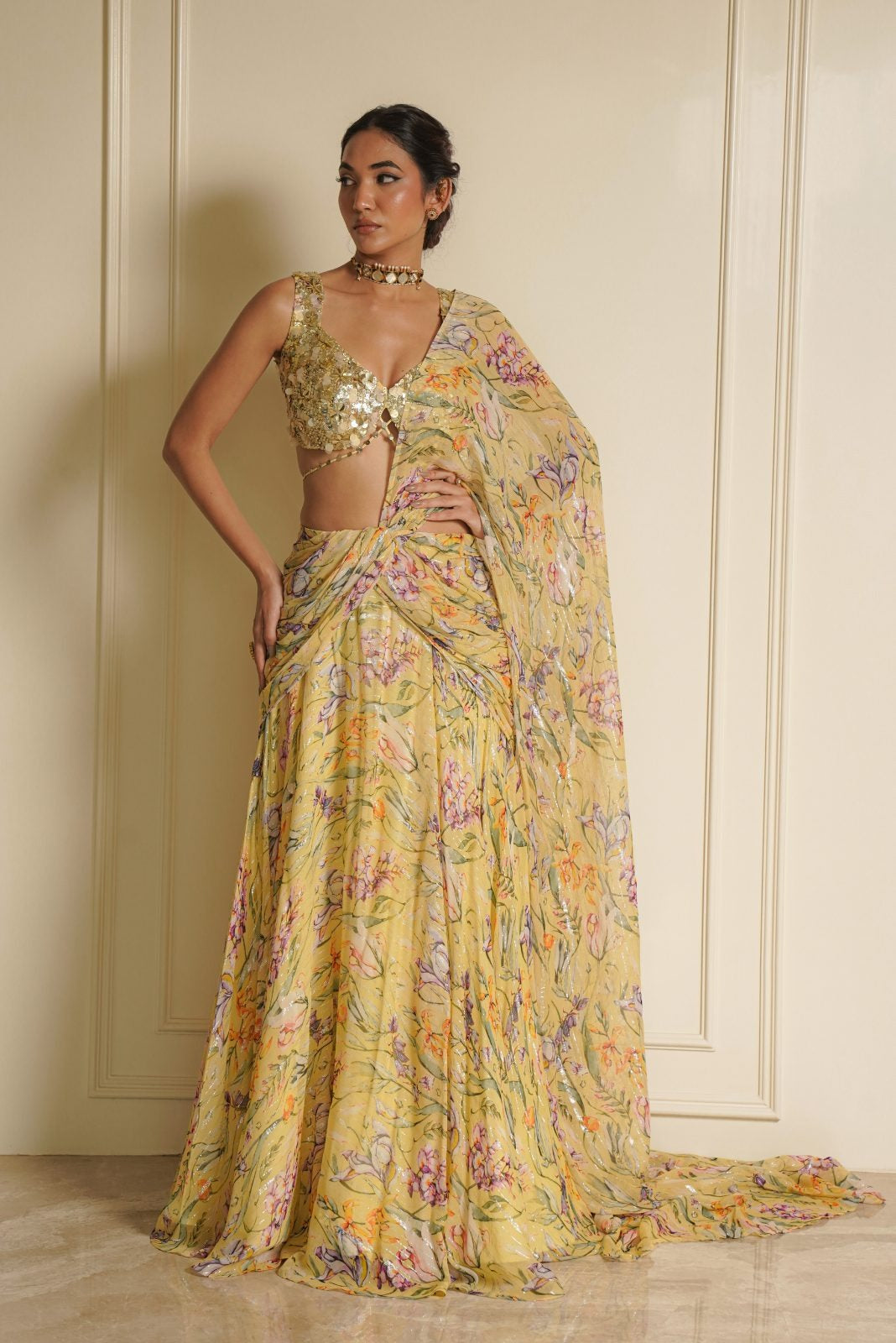 Yellow Handwork Blouse with Printed Ready to wear Saree – Daisy Dream