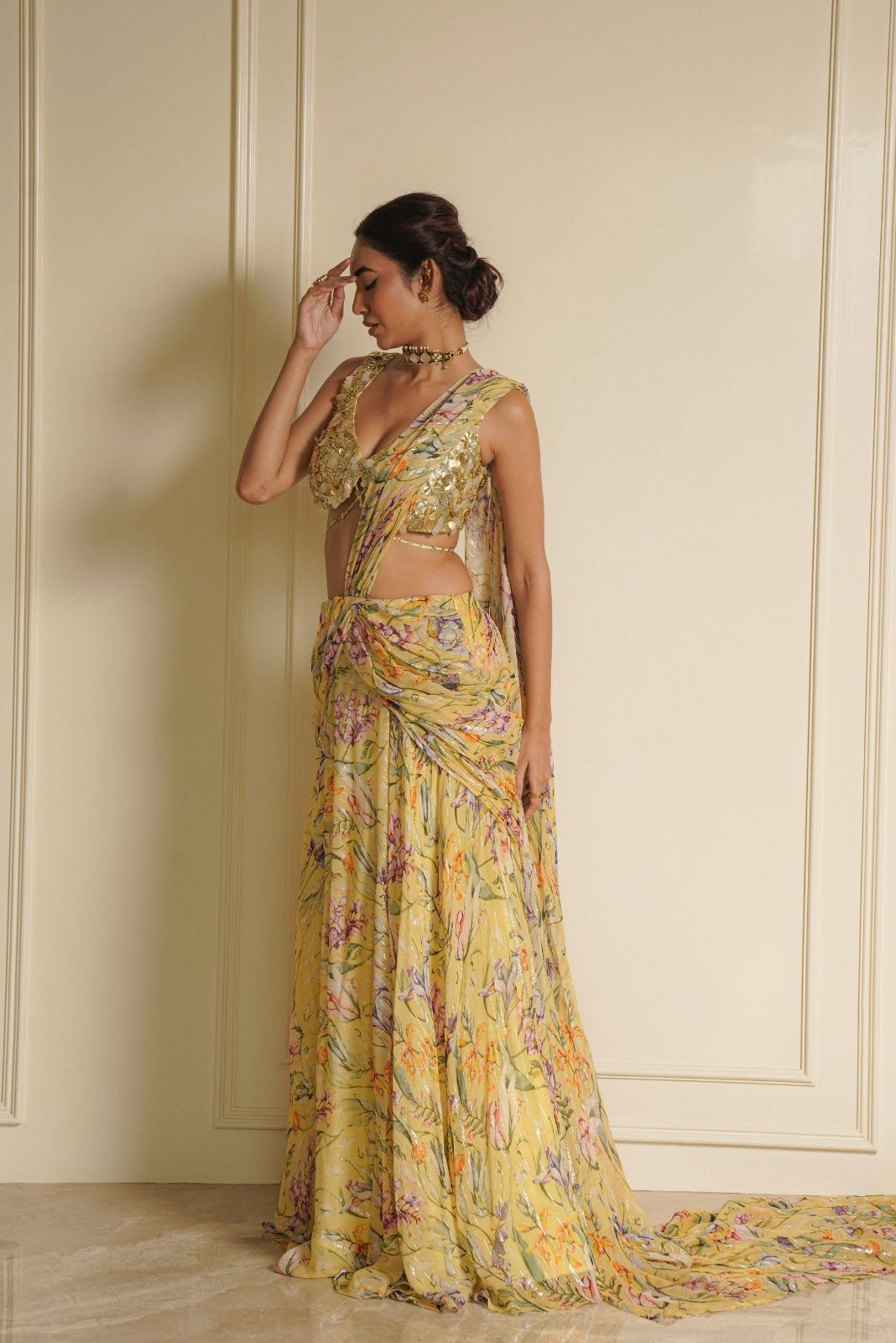 Yellow Handwork Blouse with Printed Ready to wear Saree – Daisy Dream