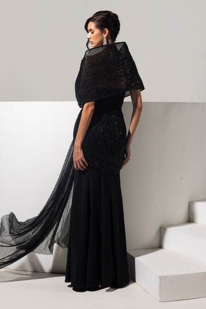 Black 3d Embellished Gown - Shadow