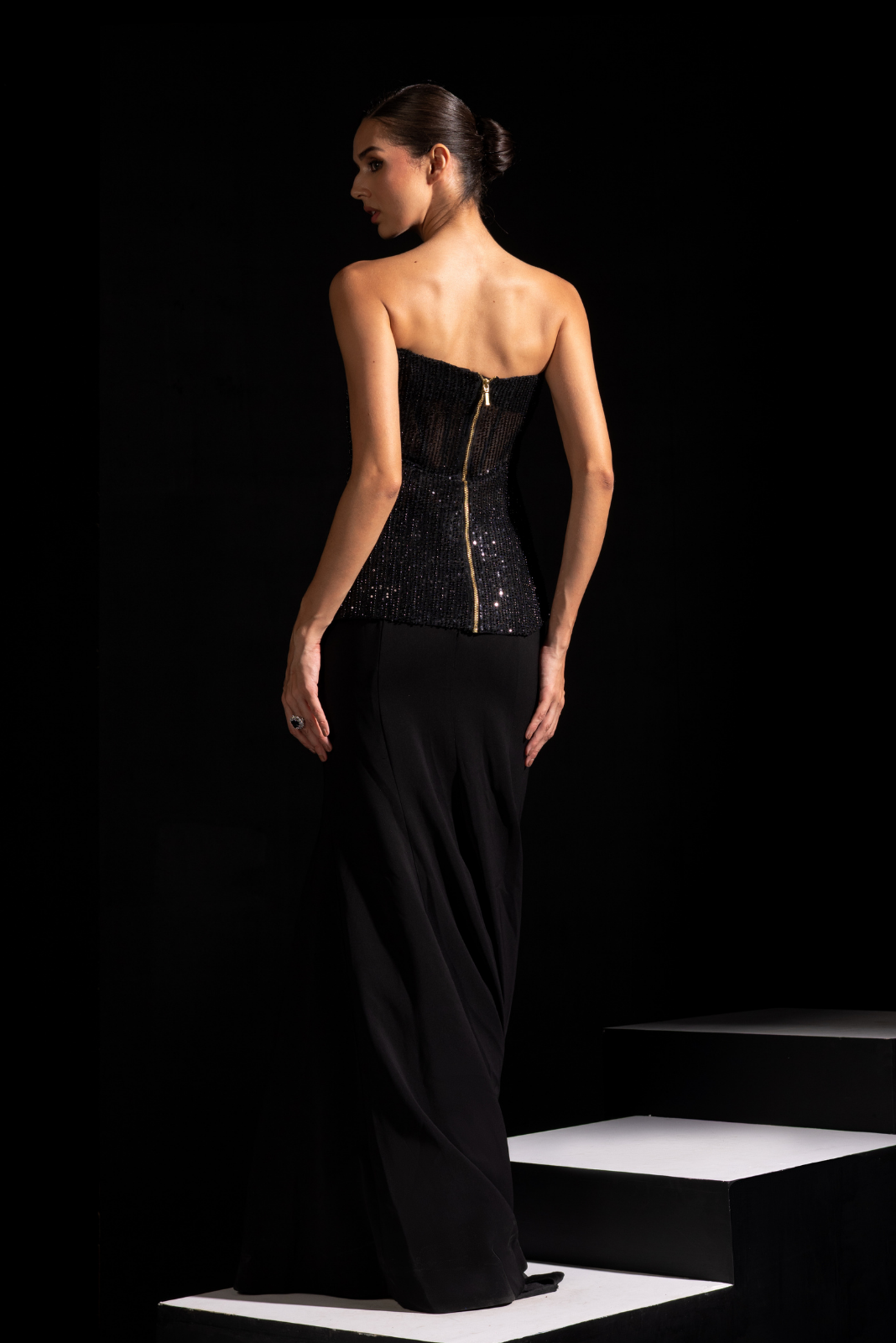Black Asymmetrical Corset with Fishcut Skirt - Pitch
