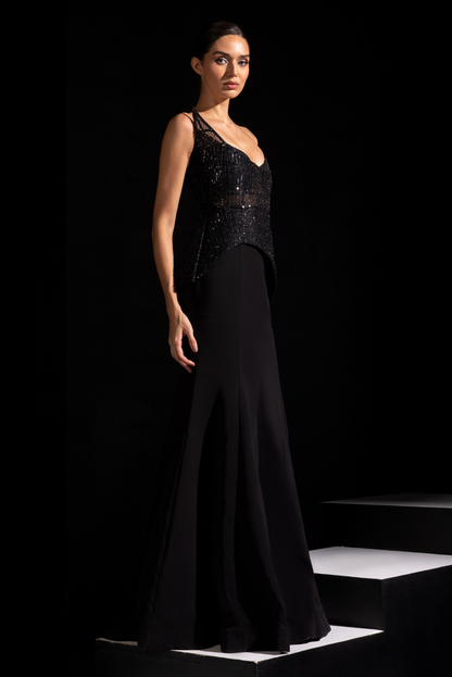 Black Asymmetrical Corset with Fishcut Skirt - Pitch