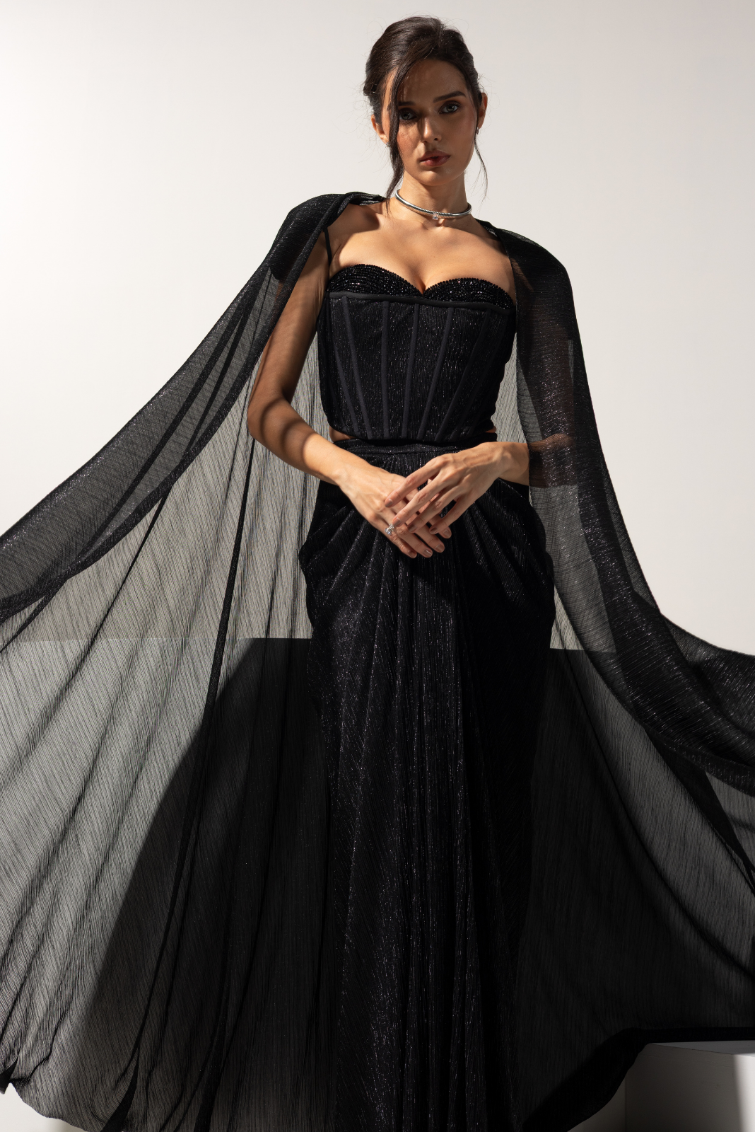 Black Corset with Drape Skirt and Cape - Midnight