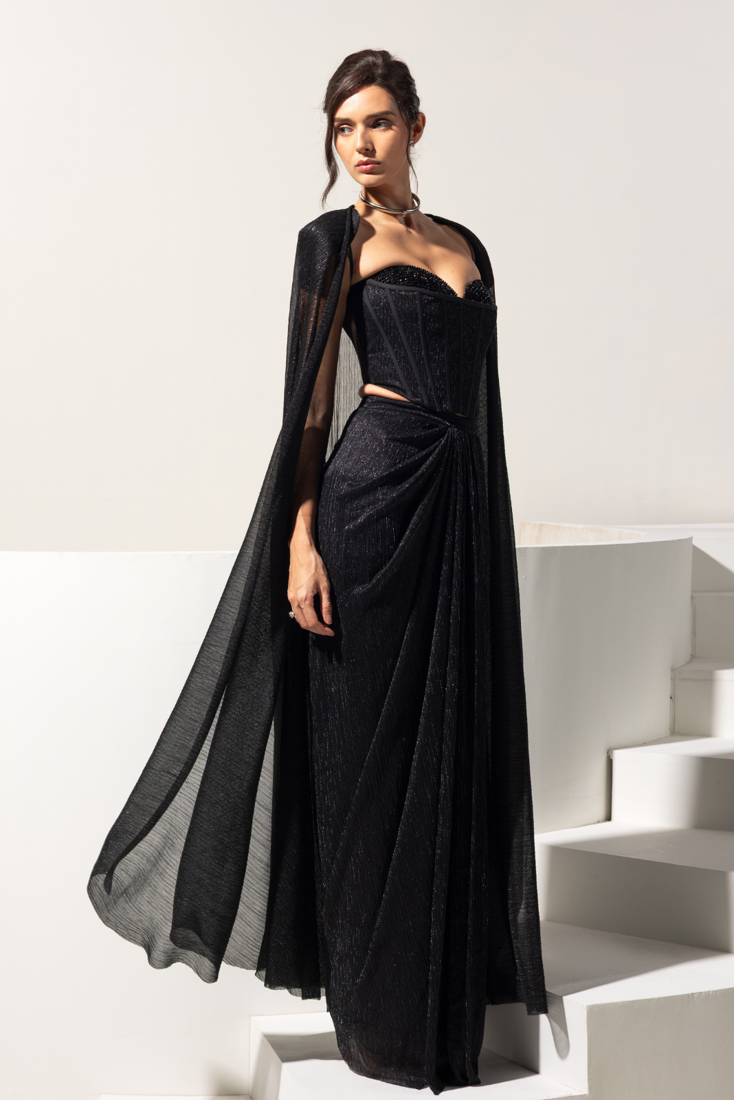 Black Corset with Drape Skirt and Cape - Midnight