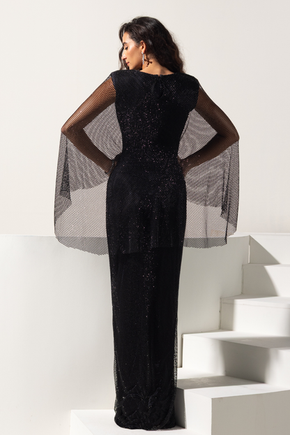 Black Swarovski Drape Gown - Caviar